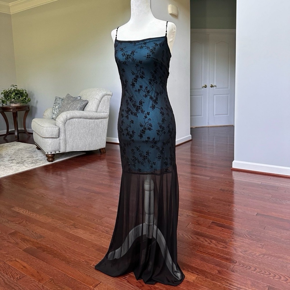 Sabora USA Vintage Y2K Gothic Mesh Glitter Black Blue Maxi Dress - Picture 11 of 11
